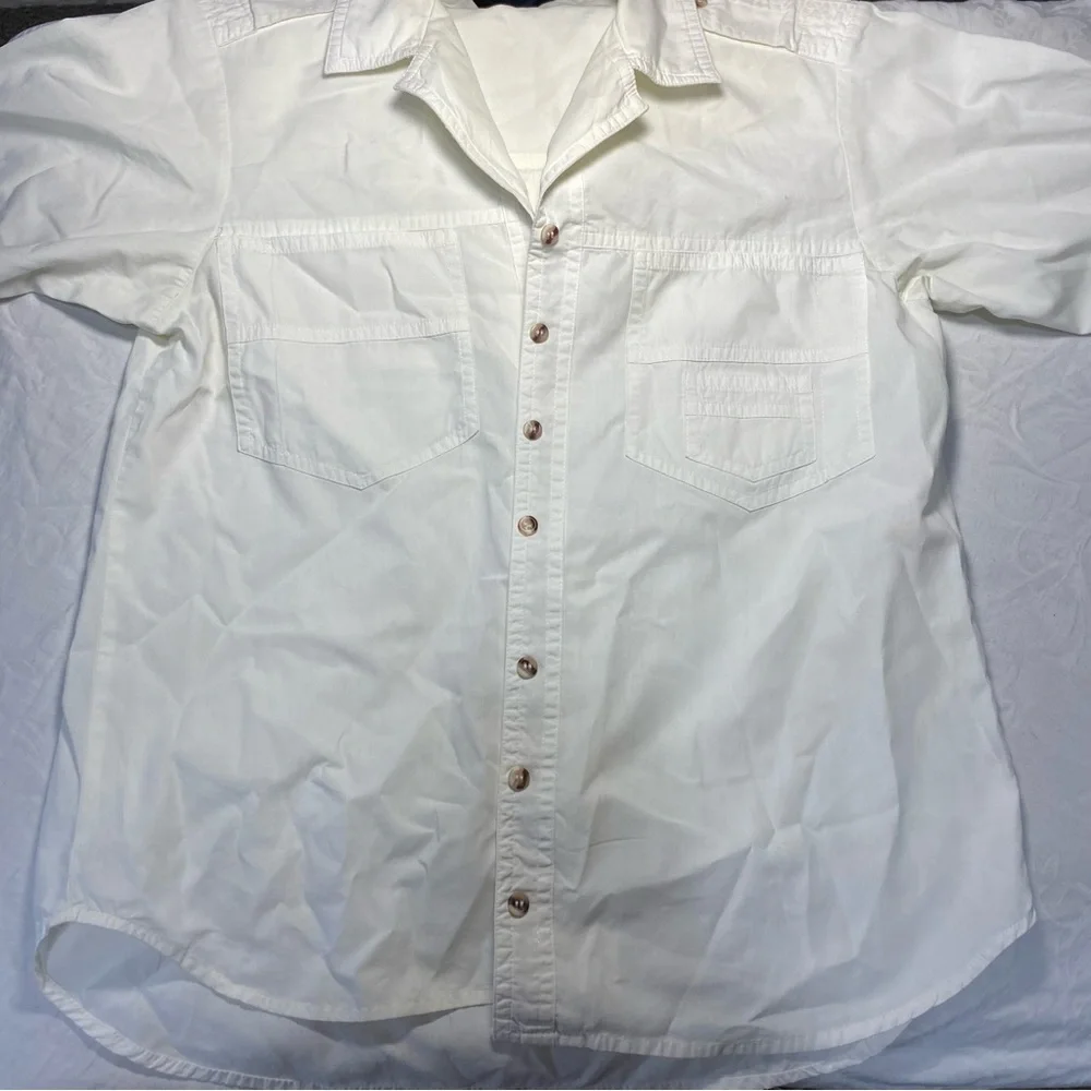 Designer Button Up Casual Cargo Dress Shirt White Short Sleeve No Show Buttons - Picture 12 of 12